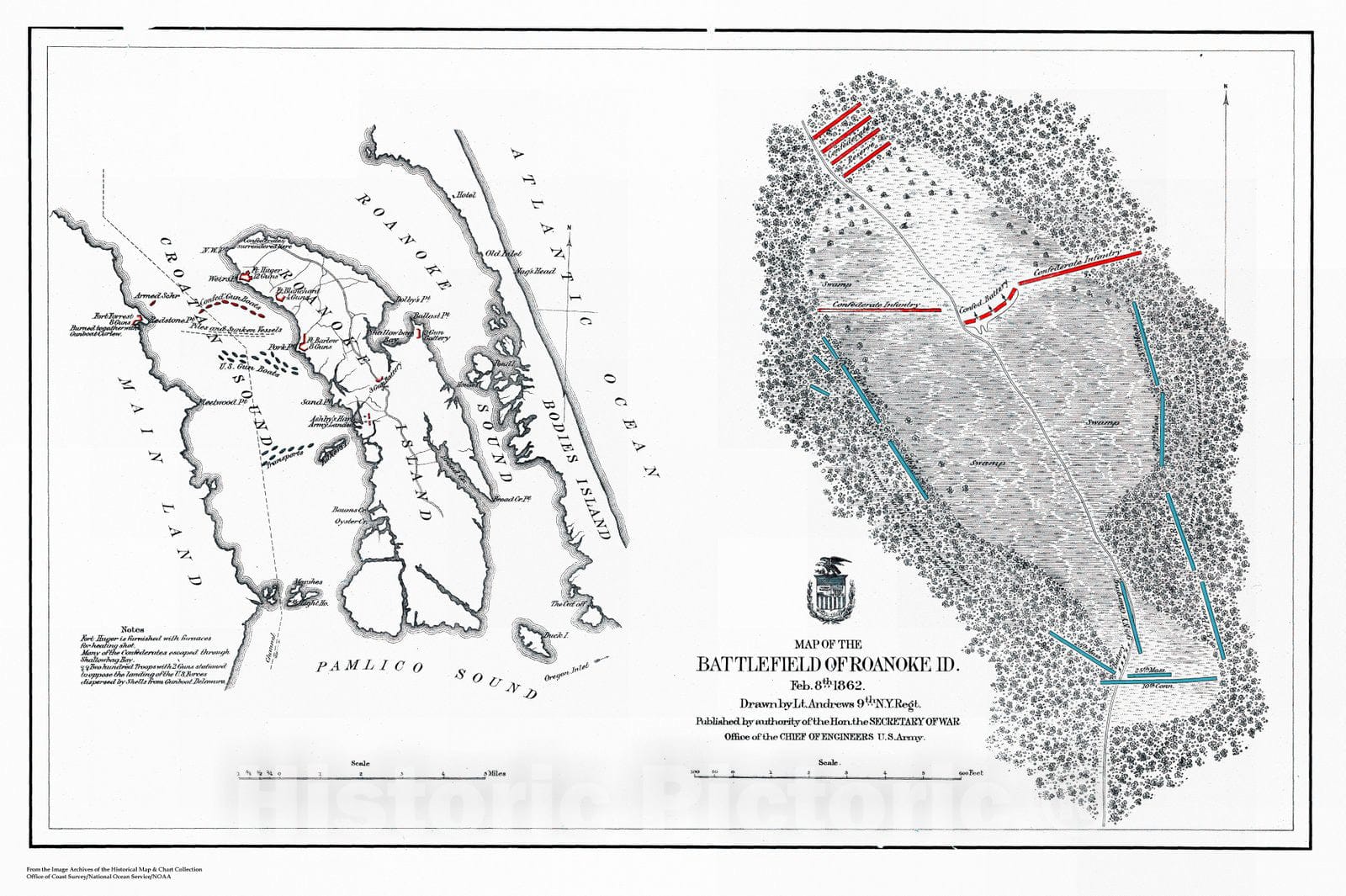Historic Nautical Map - Map Of The Battlefield Of Roanoke Id, NC, 1862 Civil War Historic Nautical Map - Vintage Wall Art