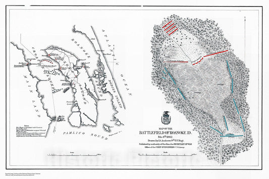 Historic Nautical Map - Map Of The Battlefield Of Roanoke Id, NC, 1862 Civil War Historic Nautical Map - Vintage Wall Art