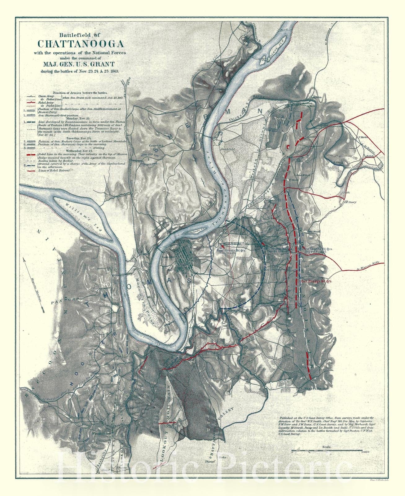 Historic Nautical Map - Battlefield Of Chattanooga, TN, 1865 Civil War Historic Nautical Map - Vintage Wall Art