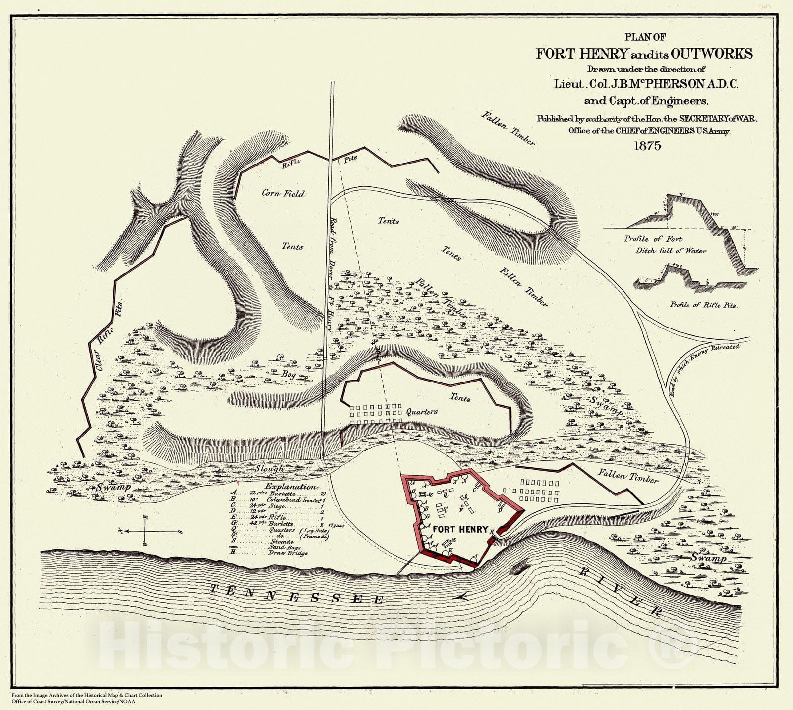 Historic Nautical Map - Plan Of Fort Henry And It'S Outworks, TN, 1875 Civil War Historic Nautical Map - Vintage Wall Art
