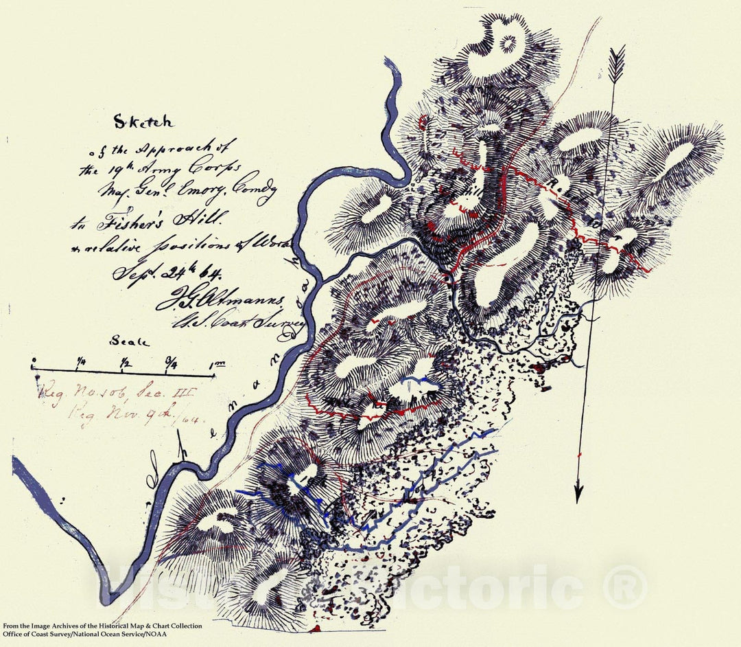 Historic Nautical Map - Sketch Of The Approach Of The 19Th Army Corps To Fisher'S Hill, NC, 1864 Civil War Historic Nautical Map - Vintage Wall Art