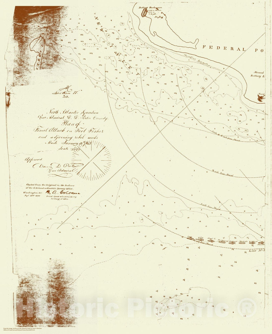 Historic Nautical Map - Plan Of Final Attack On Fort Fisher (Left Side), NC, 1890 Civil War Historic Nautical Map - Vintage Wall Art