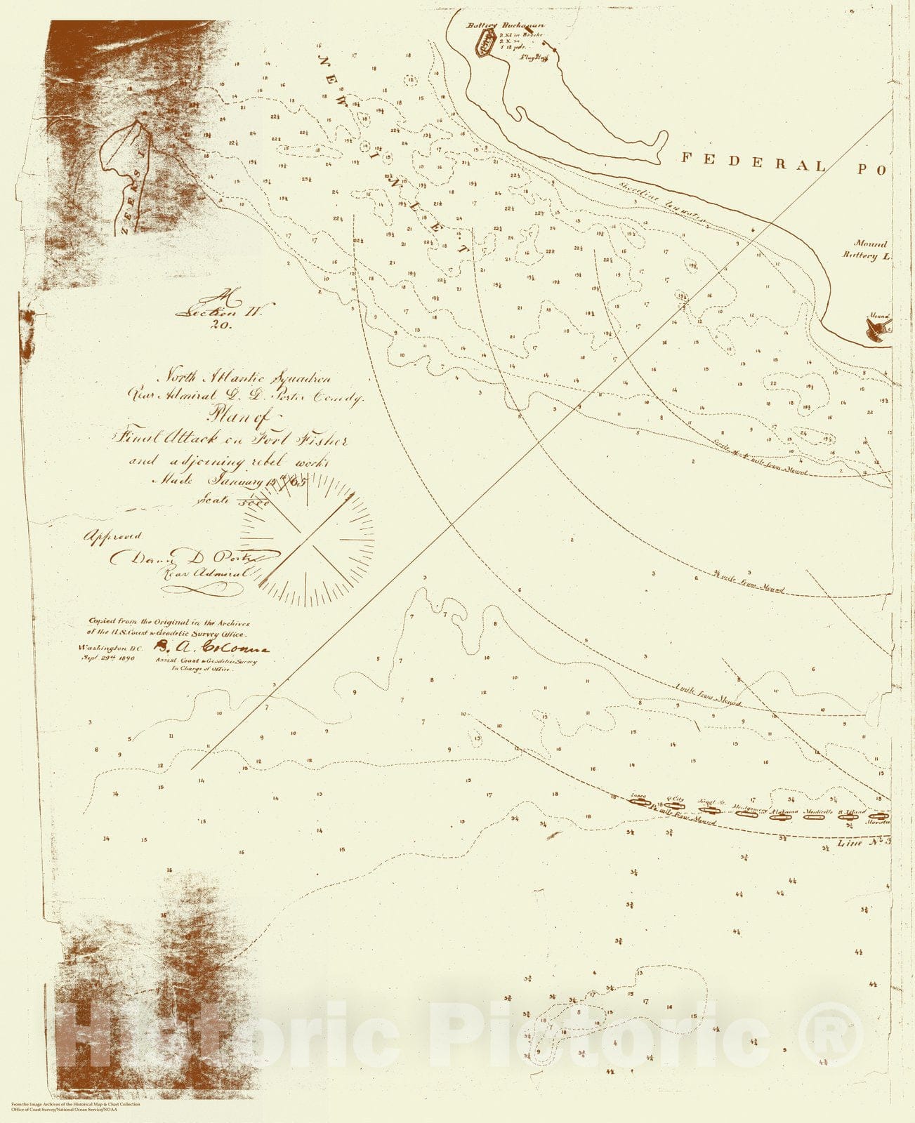 Historic Nautical Map - Plan Of Final Attack On Fort Fisher (Left Side), NC, 1890 Civil War Historic Nautical Map - Vintage Wall Art