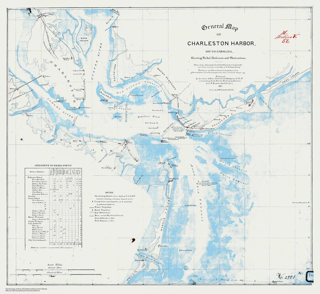 Historic Nautical Map - General Map Of Charleston Harbor Showiing Rebel Defences And Obstructions, SC, 1865 Civil War Historic Nautical Map - Vintage Wall Art