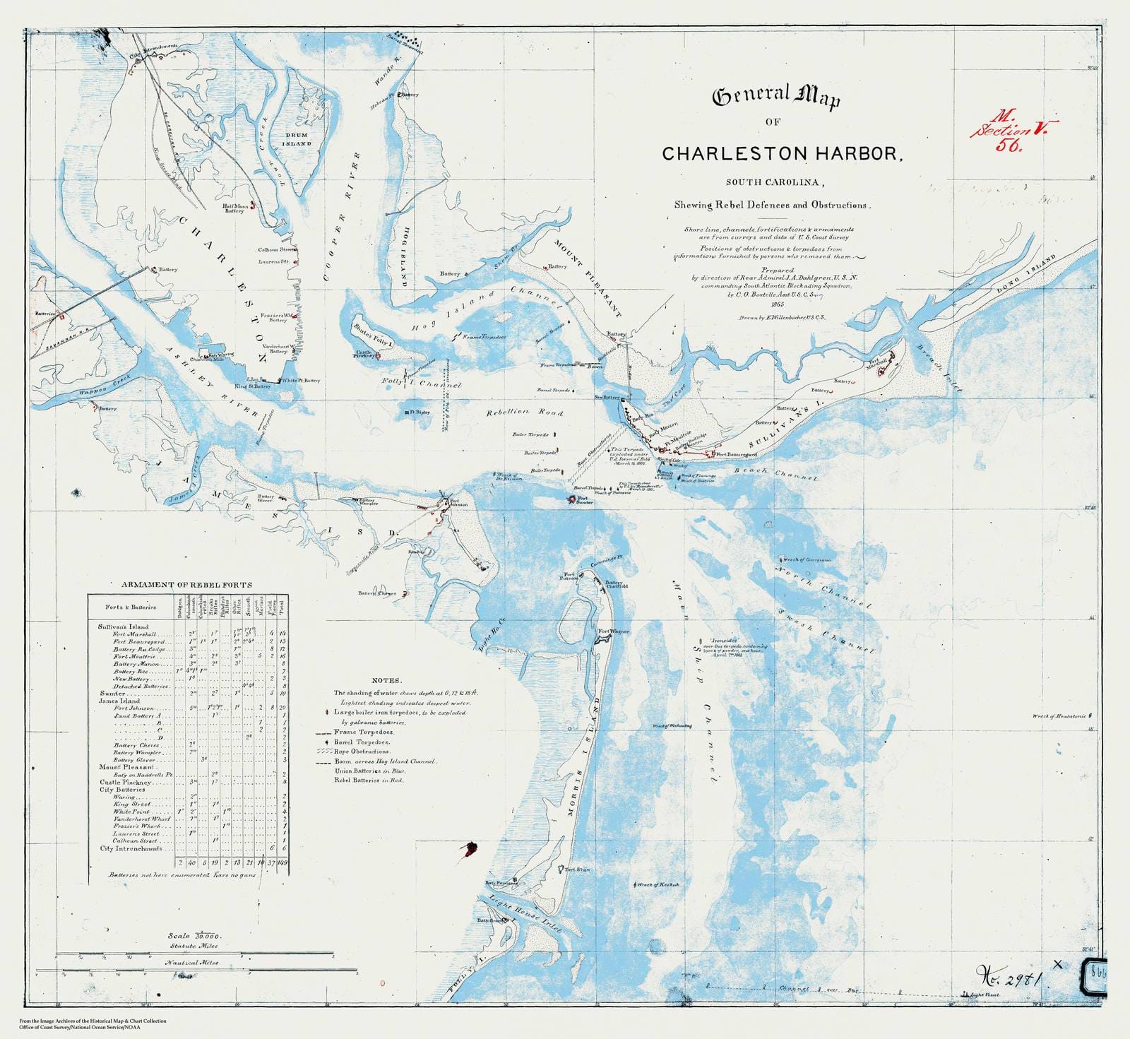 Historic Nautical Map - General Map Of Charleston Harbor Showiing Rebel Defences And Obstructions, SC, 1865 Civil War Historic Nautical Map - Vintage Wall Art