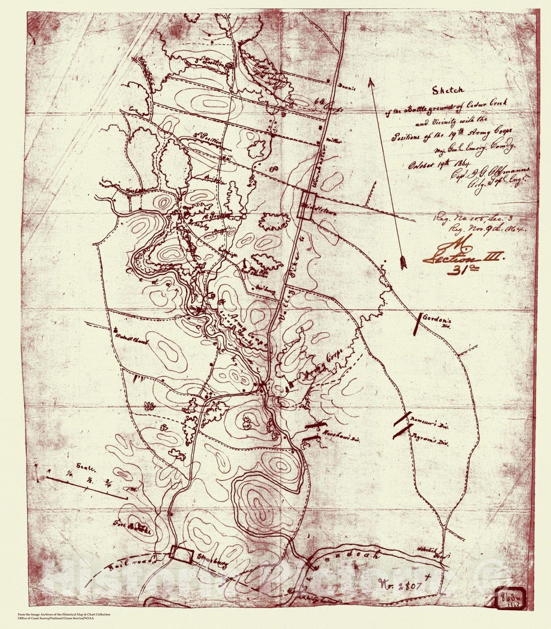 Historic Nautical Map - Sketch Of The Battle Ground Of Ceder Creek And Vicinity With The Positions Of 19Th Army Corps, VA, 1864 Civil War Historic Nautical Map - Vintage Wall Art