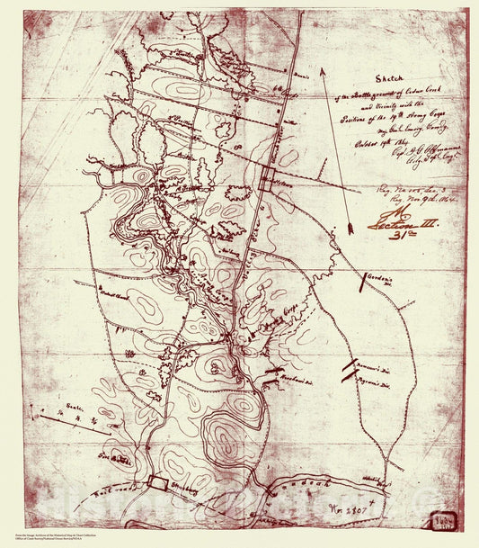 Historic Nautical Map - Sketch Of The Battle Ground Of Ceder Creek And Vicinity With The Positions Of 19Th Army Corps, VA, 1864 Civil War Historic Nautical Map - Vintage Wall Art