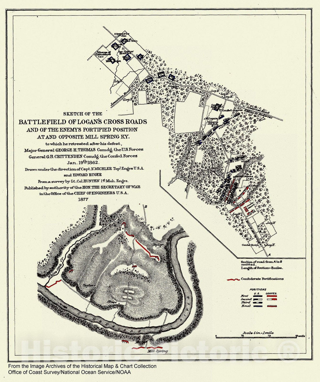 Historic Nautical Map - Sketch Of The Battlefield Of Logan's Cross Roads And The Enemys Fortified Position Opposite Mill Spring, KY, 1877 Civil War Historic Nautical Map - Vintage Decor Poster Wall Art Reproduction - 0