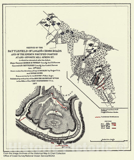 Historic Nautical Map - Sketch Of The Battlefield Of Logan's Cross Roads And The Enemys Fortified Position Opposite Mill Spring, KY, 1877 Civil War Historic Nautical Map - Vintage Decor Poster Wall Art Reproduction - 0