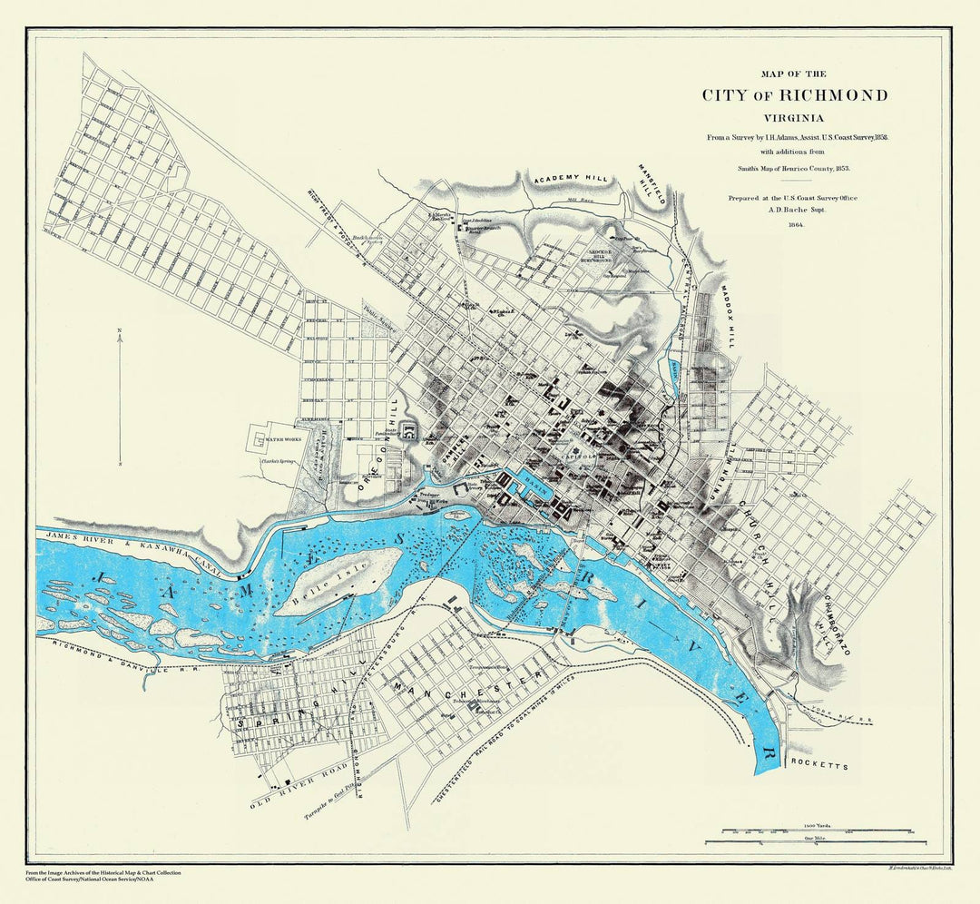 Historic Nautical Map - Map Of The City Of Richmond, VA, 1864 Civil War Historic Nautical Map - Vintage Wall Art, v2
