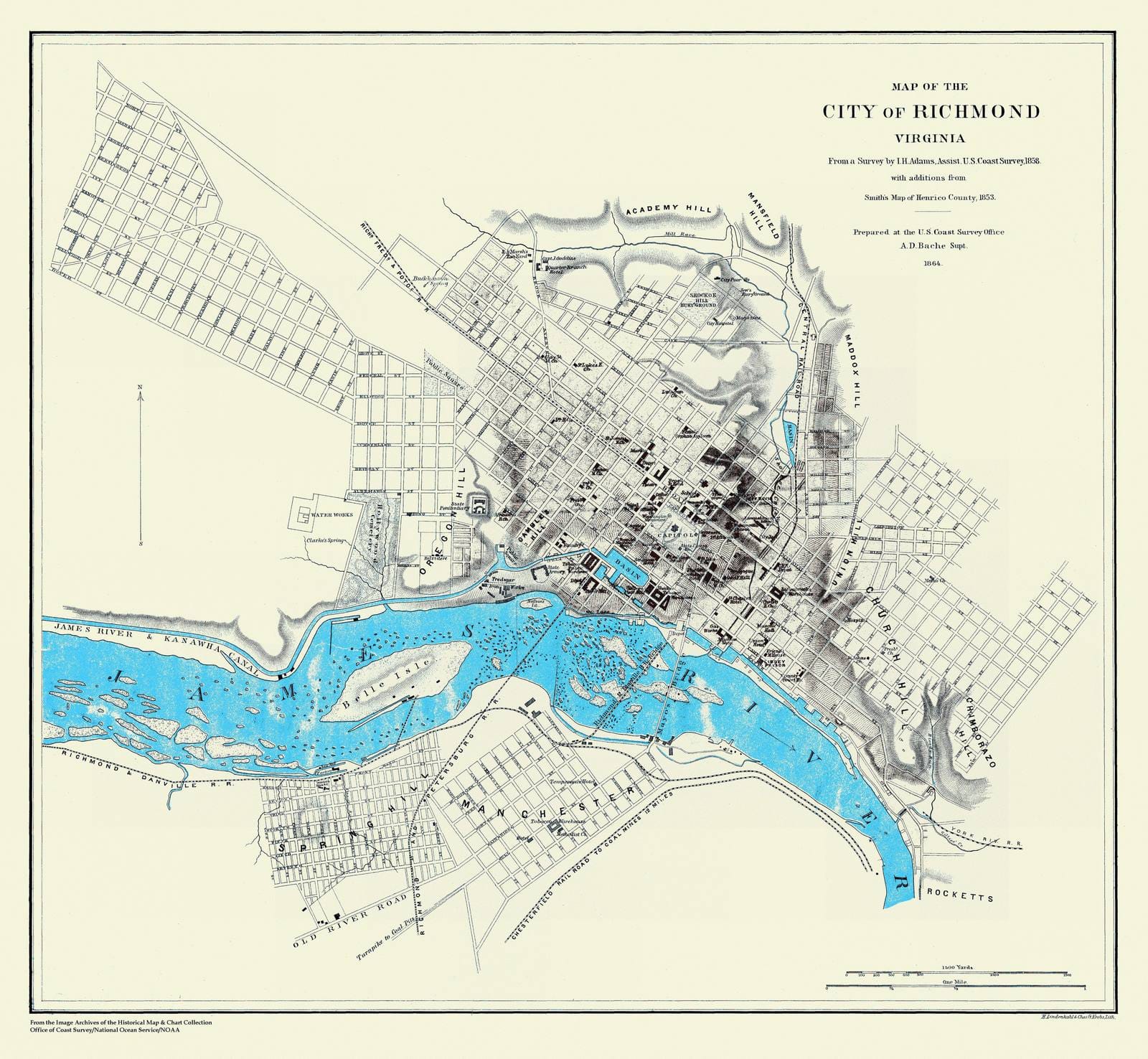 Historic Nautical Map - Map Of The City Of Richmond, VA, 1864 Civil War Historic Nautical Map - Vintage Wall Art, v2