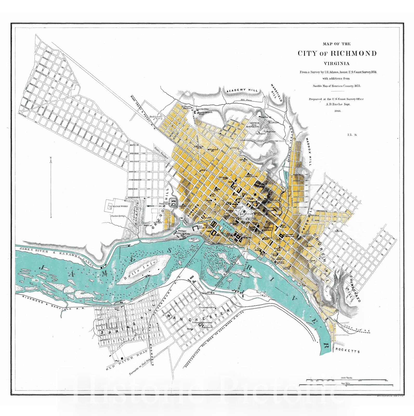 Historic Nautical Map - Map Of The City Of Richmond, VA, 1864 Civil War Historic Nautical Map - Vintage Wall Art