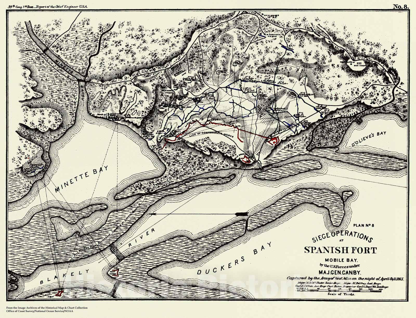Historic Nautical Map - Siege Operations At Spanish Fort, MS, 1863 Civil War Historic Nautical Map - Vintage Wall Art