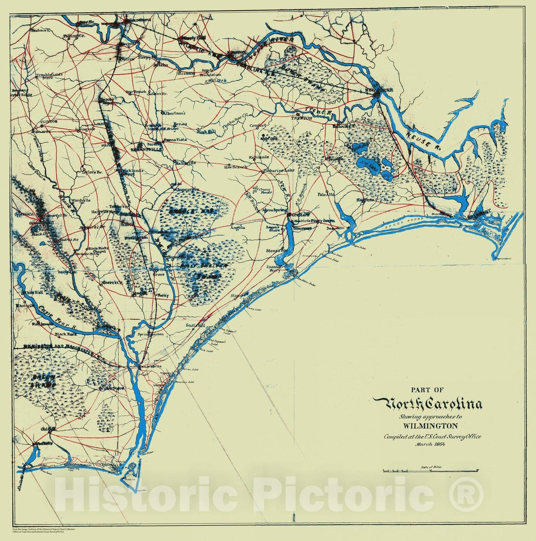 Historic Nautical Map - Part Of North Carolina Showing Approaches To Willmington, NC, 1864 Civil War Historic Nautical Map - Vintage Wall Art