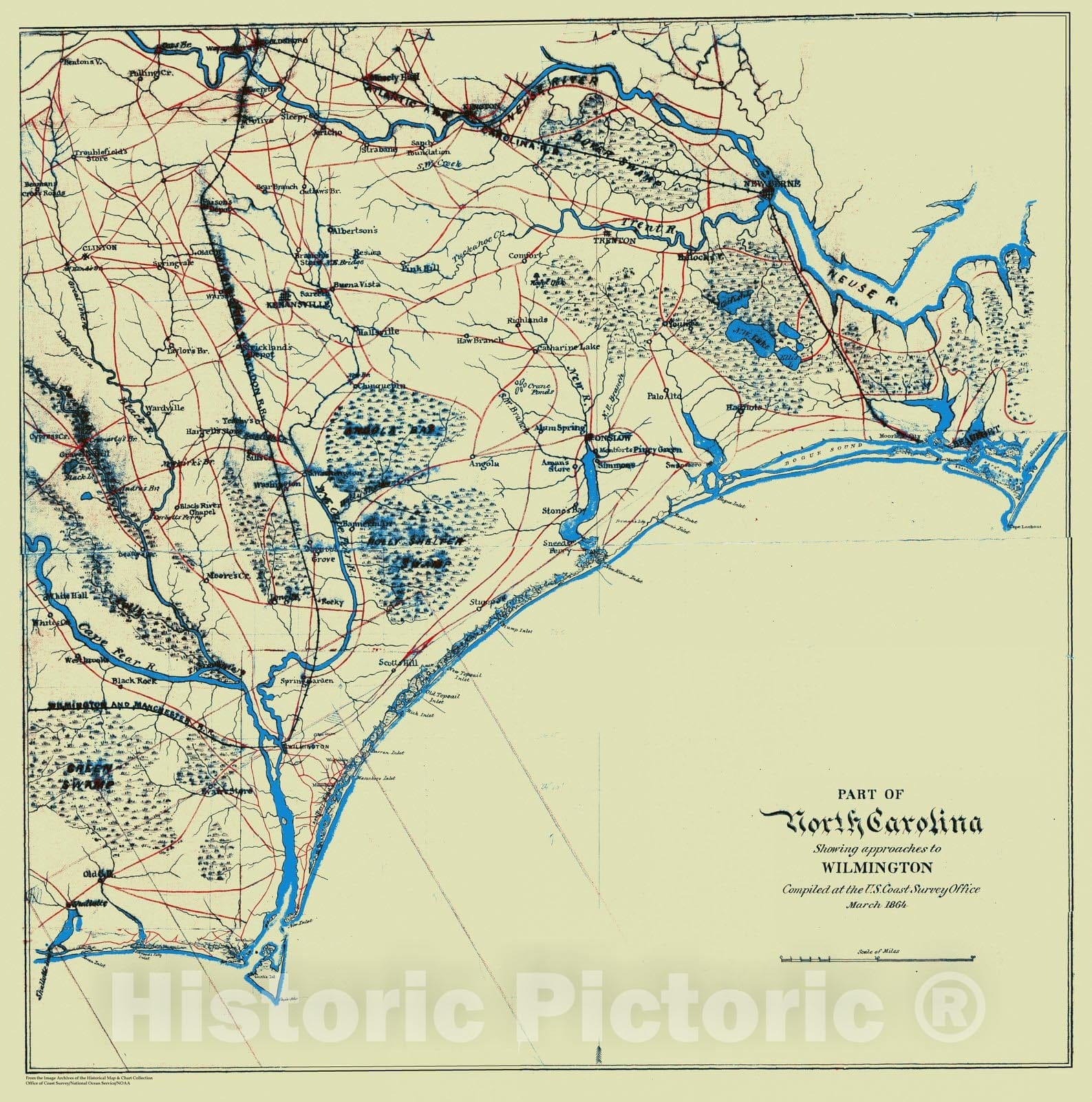 Historic Nautical Map - Part Of North Carolina Showing Approaches To Willmington, NC, 1864 Civil War Historic Nautical Map - Vintage Wall Art