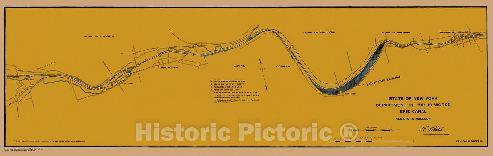 Historic Nautical Map - Map Of Erie Canal From Newark To Macedon Sheet 19, NY, 1923 NOAA Chart - Vintage Wall Art