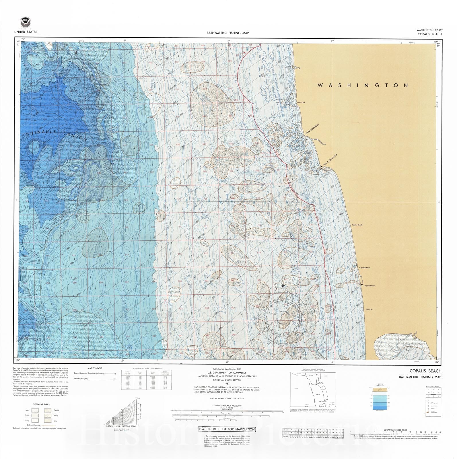 Historic Nautical Map - Copalis Beach, WA, 1987 NOAA Bathymetric Map-Fishing - Vintage Wall Art