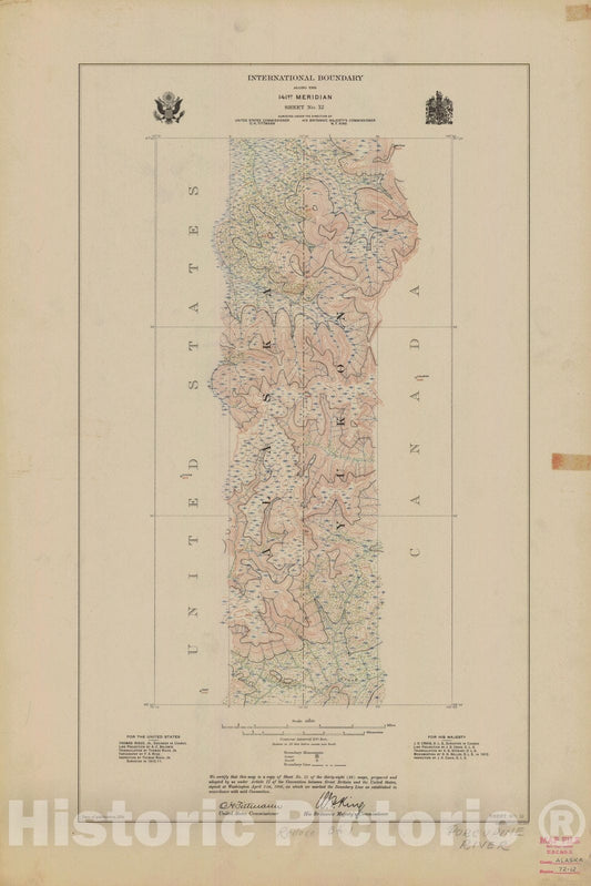 Historic Nautical Map - International Boundary, Along The 141St Meridian, Sheet No. 12, AK, 1914 NOAA Topographic - Vintage Wall Art