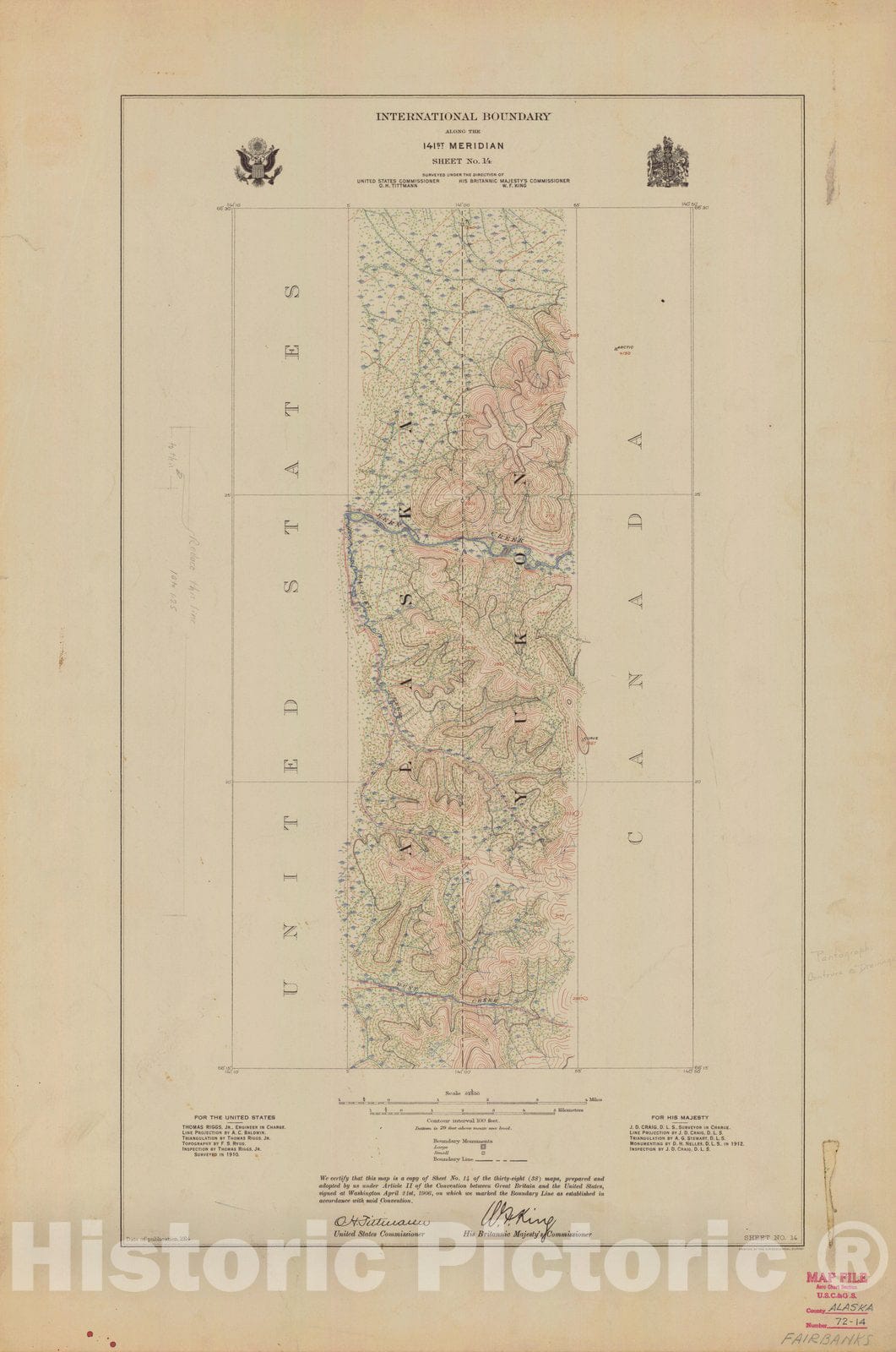 Historic Nautical Map - International Boundary, Along The 141St Meridian, Sheet No. 14, AK, 1914 NOAA Topographic - Vintage Wall Art