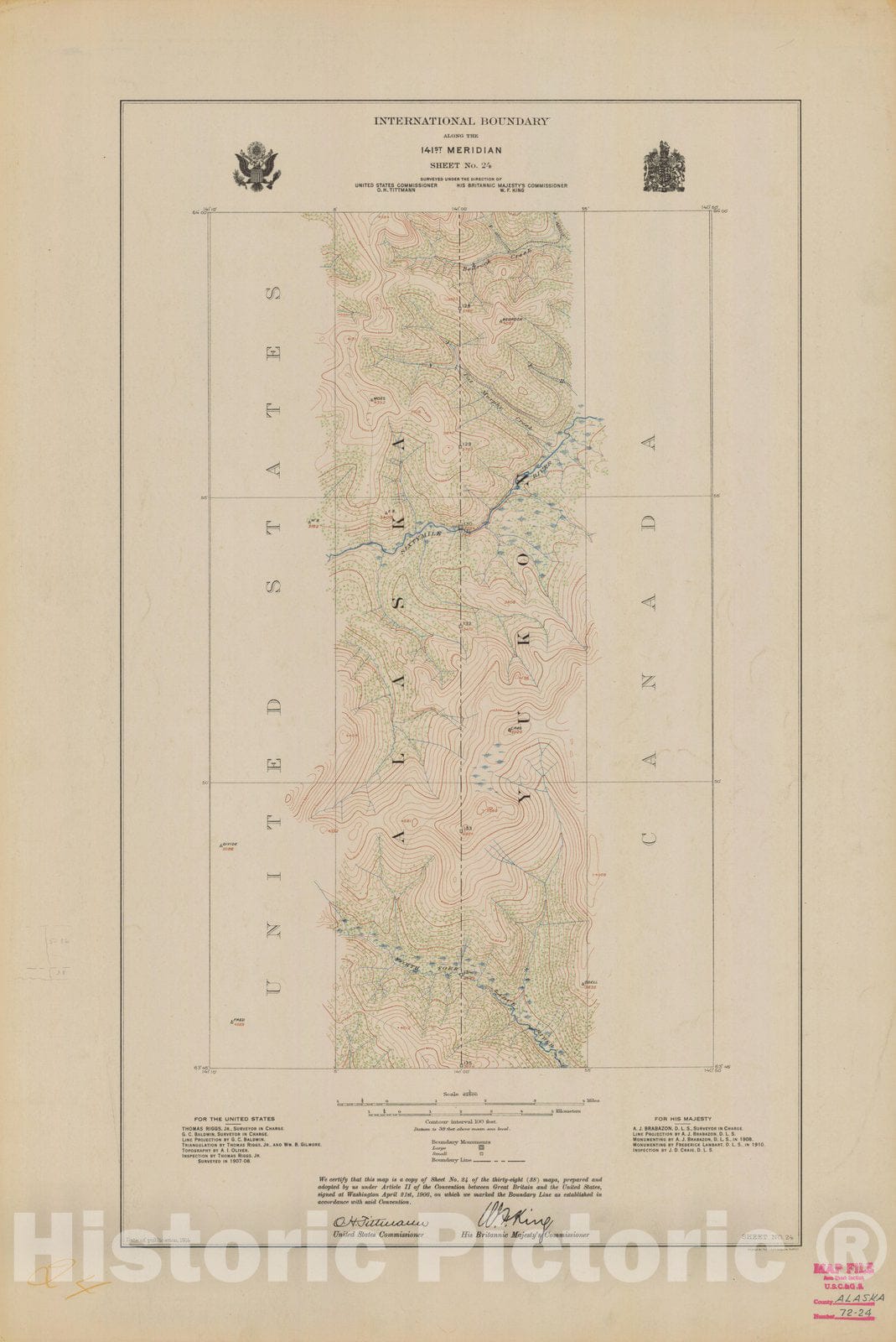 Historic Nautical Map - International Boundary, Along The 141St Meridian, Sheet No. 24, AK, 1914 NOAA Topographic - Vintage Wall Art