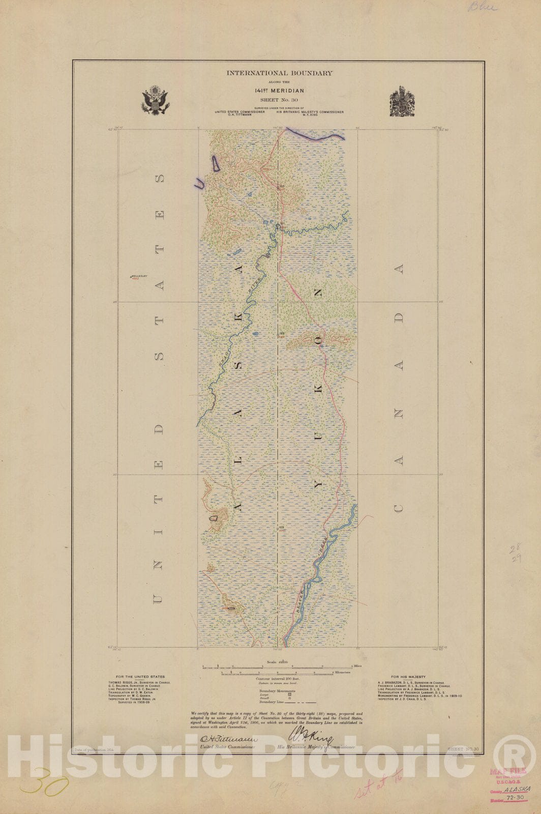 Historic Nautical Map - International Boundary, Along The 141St Meridian, Sheet No.30, AK, 1914 NOAA Topographic - Vintage Wall Art