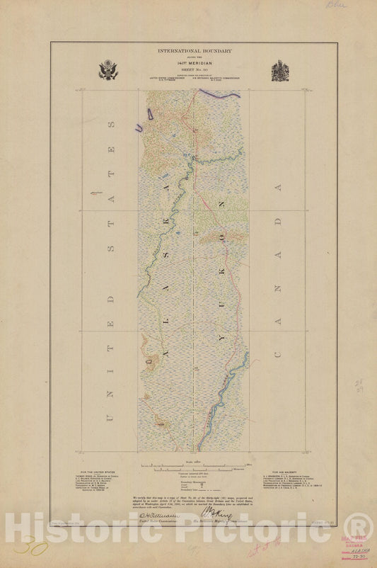 Historic Nautical Map - International Boundary, Along The 141St Meridian, Sheet No.30, AK, 1914 NOAA Topographic - Vintage Wall Art