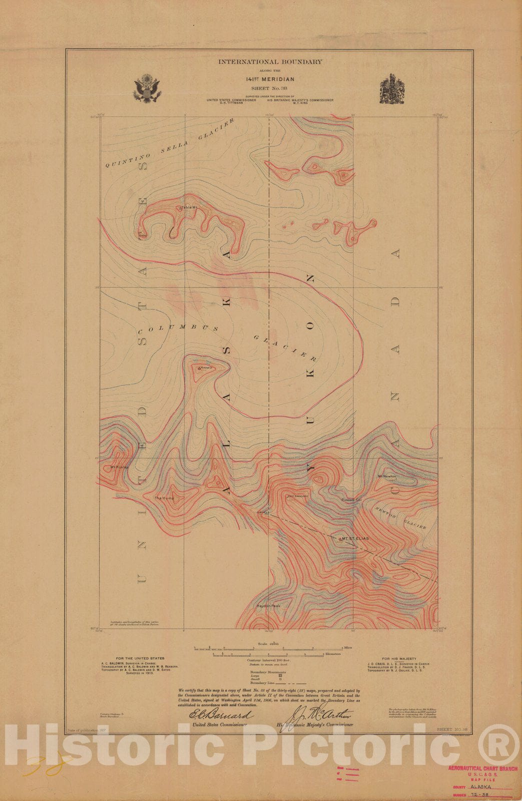 Historic Nautical Map - International Boundary, Along The 141St Meridian, Sheet No. 38, AK, 1917 NOAA Topographic - Vintage Wall Art