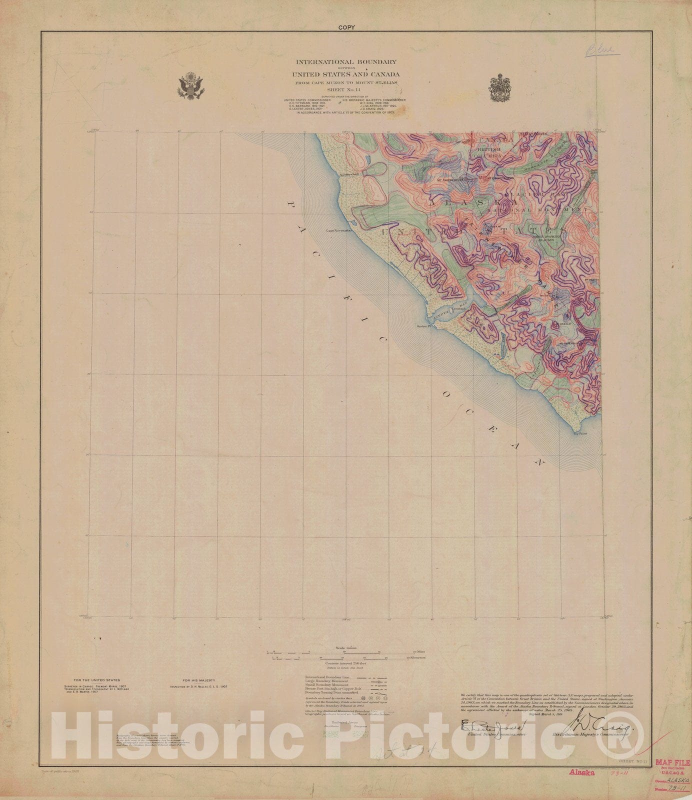 Historic Nautical Map - International Boundary, From Cape Muzon To Mount St. Elians, Sheet No. 11, AK, 1928 NOAA Topographic - Vintage Wall Art