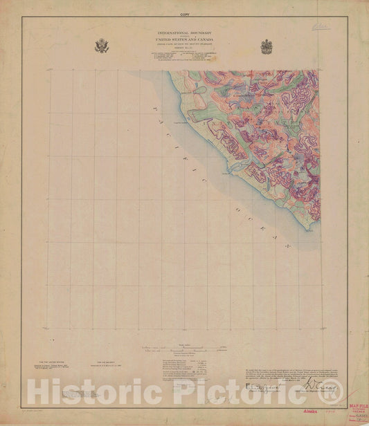 Historic Nautical Map - International Boundary, From Cape Muzon To Mount St. Elians, Sheet No. 11, AK, 1928 NOAA Topographic - Vintage Wall Art