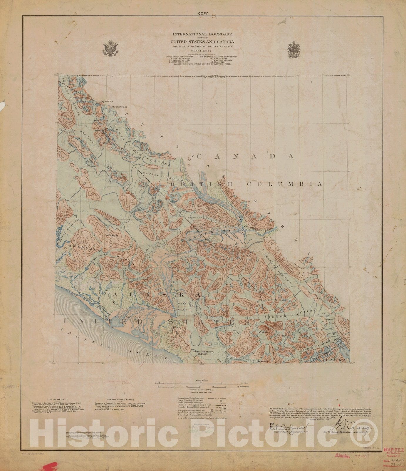 Historic Nautical Map - International Boundary, From Cape Muzon To Mount St. Elians, Sheet No. 12, AK, 1928 NOAA Topographic - Vintage Wall Art