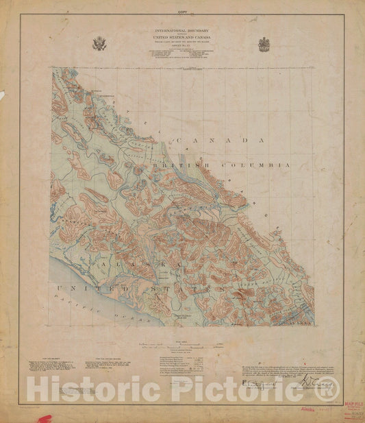 Historic Nautical Map - International Boundary, From Cape Muzon To Mount St. Elians, Sheet No. 12, AK, 1928 NOAA Topographic - Vintage Wall Art