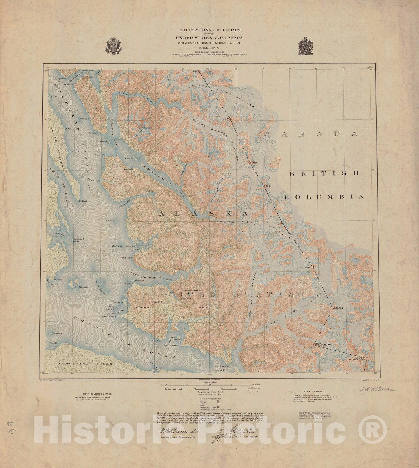 Historic Nautical Map - International Boundary, From Cape Muzon To Mount St. Elians, Sheet No.6, AK, 1919 NOAA Topographic - Vintage Wall Art