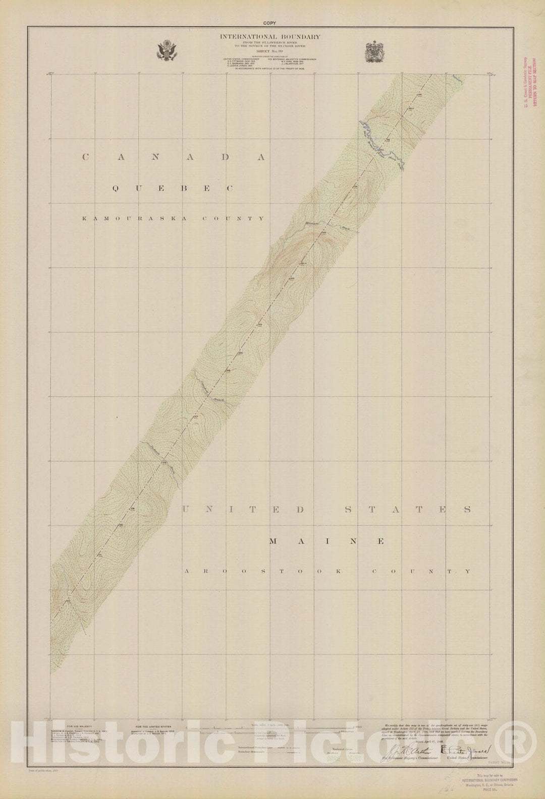 Historic Nautical Map - International Boundary, From The St. Lawrence River To The Source Of The St. Croix River, Sheet No. 39, ME, 1923 NOAA Topographic - Vintage Wall Art