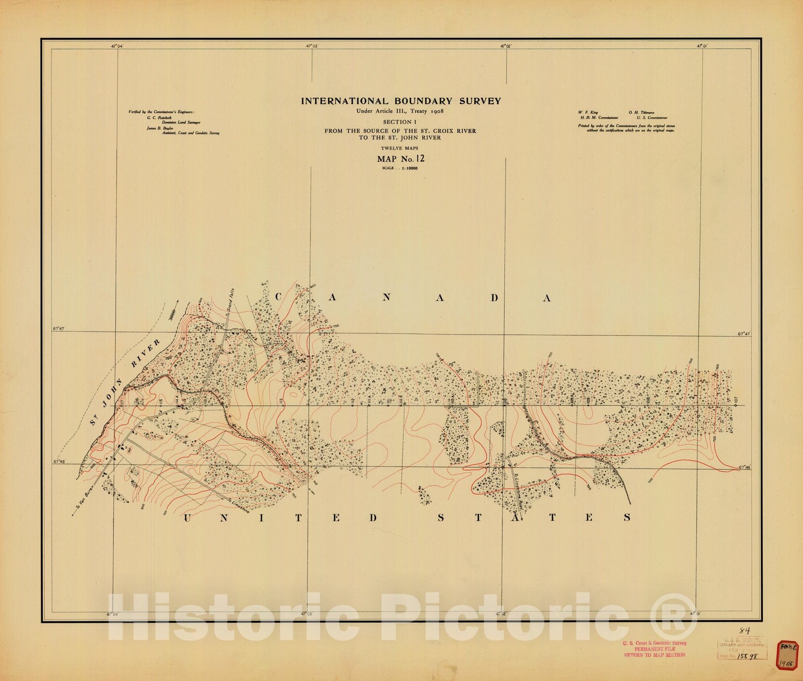 Historic Nautical Map - International Boundary, From The Source Of The St. Croix River To The St. John River, Survey Map No.12, ME, 1908 NOAA Topographic - Vintage Wall Art