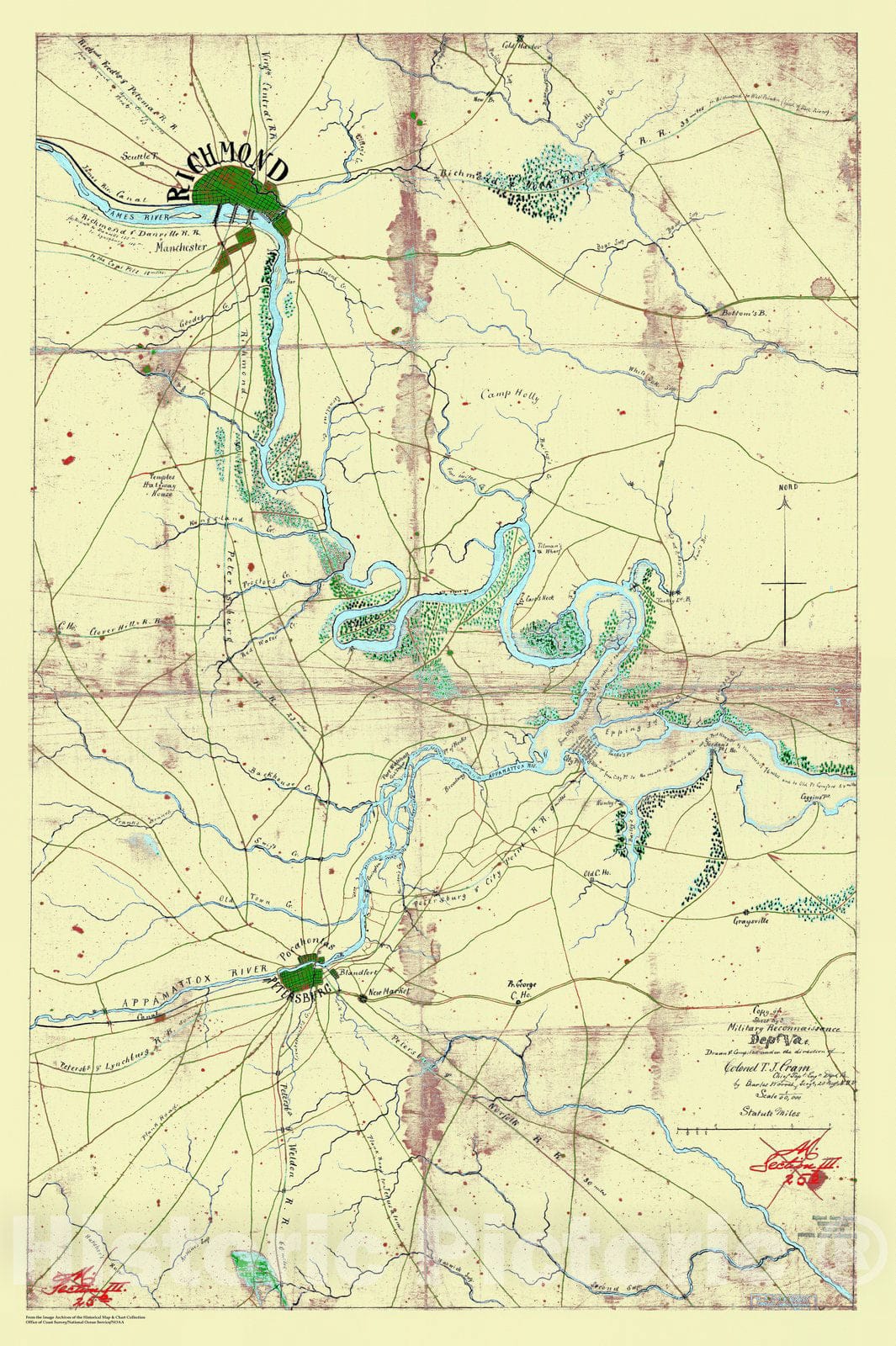 Historic Nautical Map - Copy of Sheet No. 3, Military Reconnaissance, Dept. VA, Petersburg and Richmond Area, VA, Civil War Historic Nautical Map - Vintage Wall Art