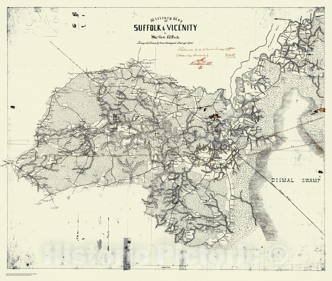 Historic Nautical Map - Military Map of Suffolk & Vicinity, VA, 1863 Civil War Historic Nautical Map - Vintage Wall Art