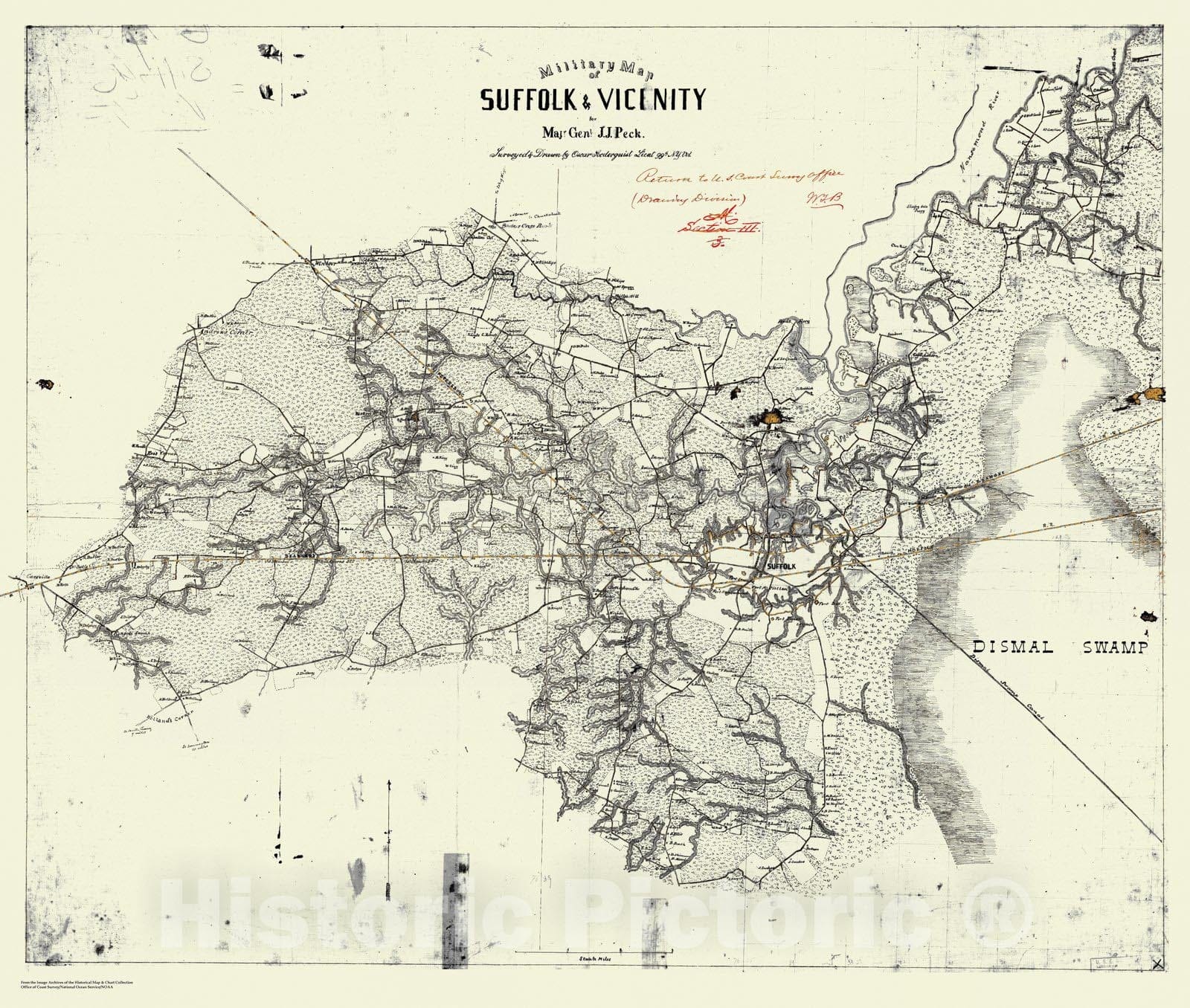 Historic Nautical Map - Military Map of Suffolk & Vicinity, VA, 1863 Civil War Historic Nautical Map - Vintage Wall Art