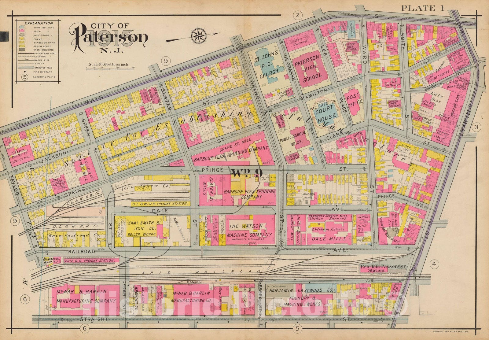 Historic Map : Atlas City of Paterson, New Jersey, Paterson 1915 Plate 001 , Vintage Wall Art