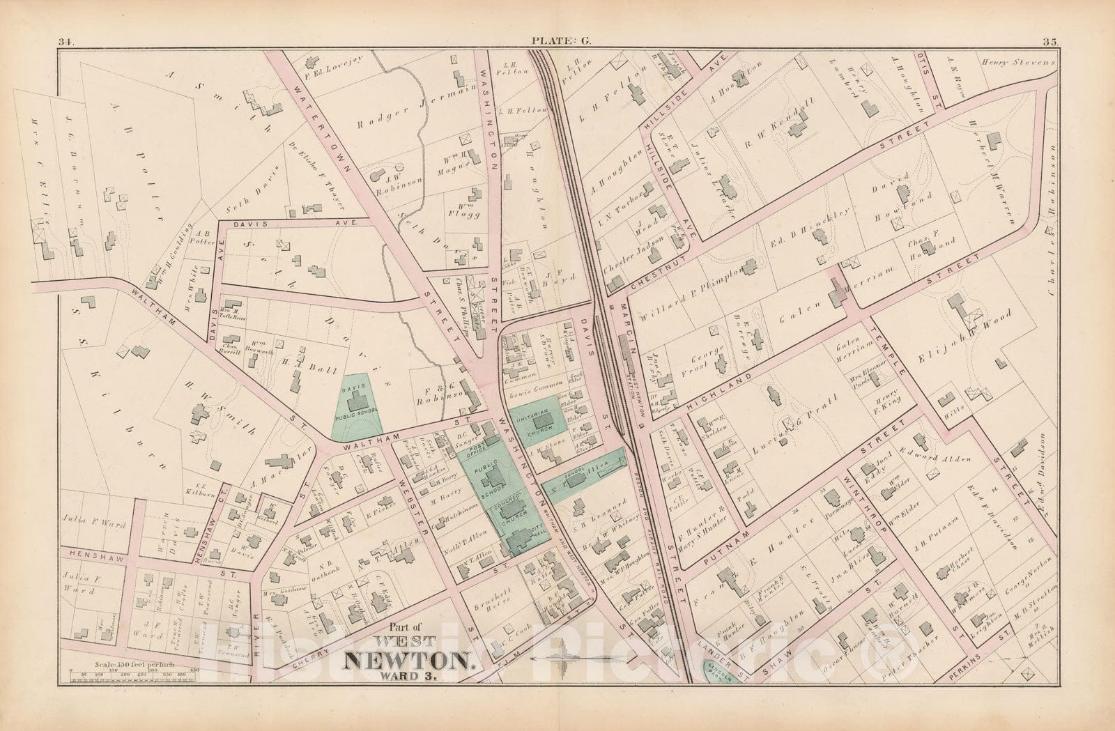 Historic Map : City of Newton, Middlesex County, Newton 1874 Plate G , Vintage Wall Art