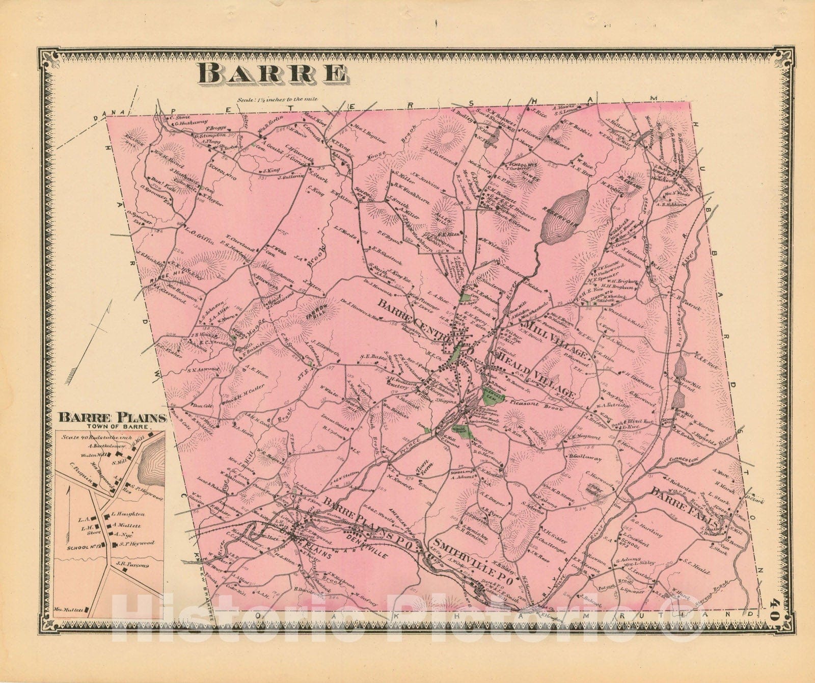 Historic Map : Atlas of Worcester County, Massachsuetts, Barre 1870 , v2, Vintage Wall Art