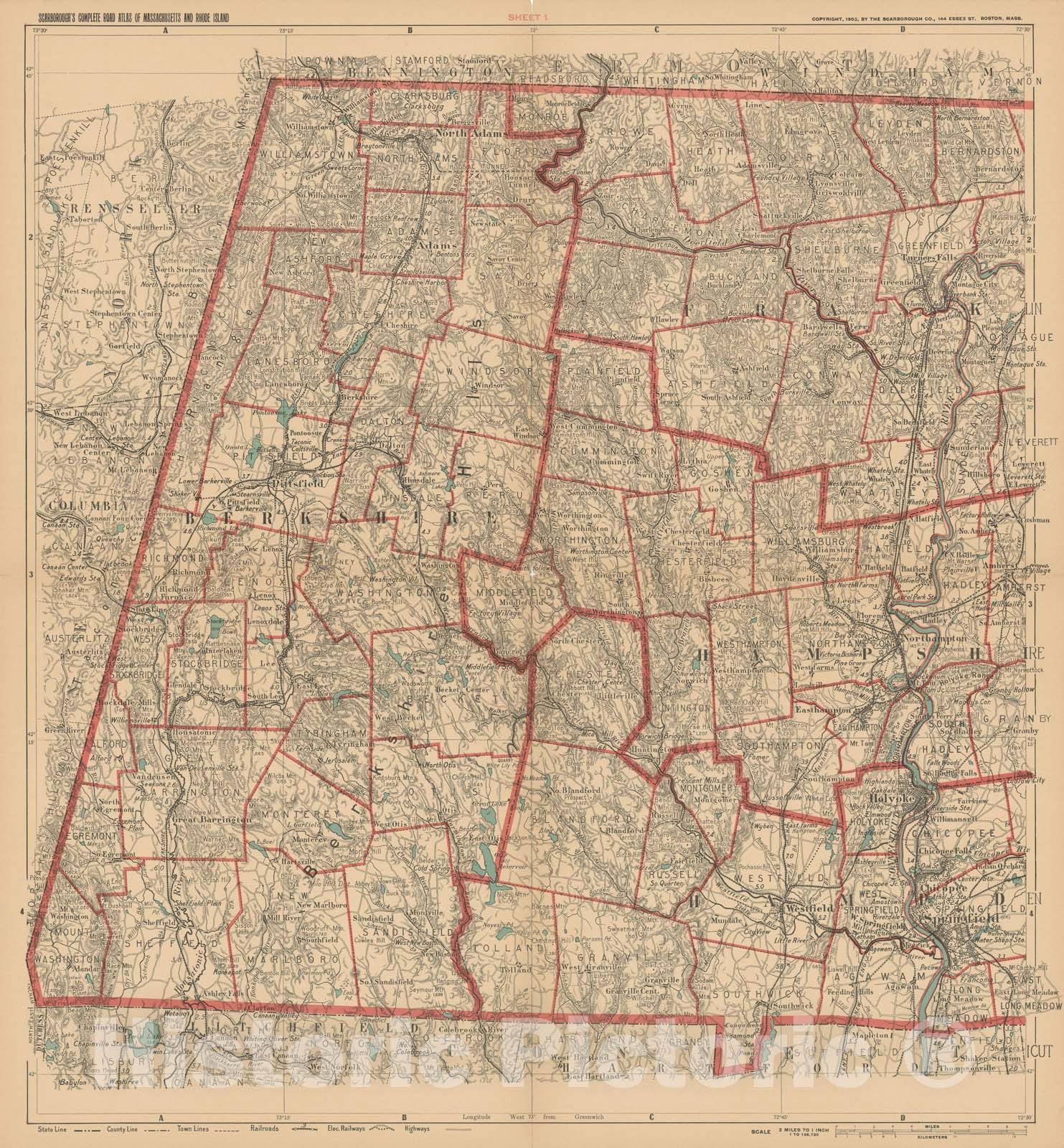 Historic Map : Complete Road Atlas of Massachusetts and Rhode Island, Western Massachusetts 1905 , Vintage Wall Art