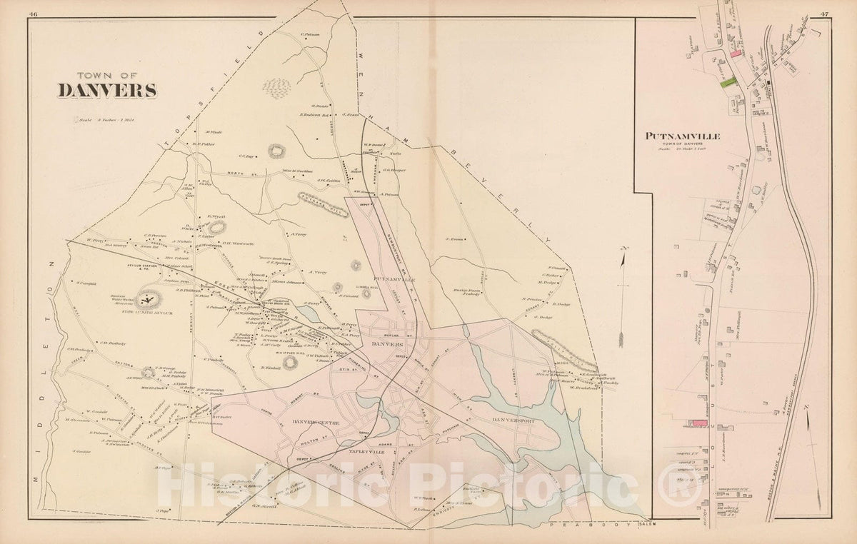 Historic Map : Atlas of Essex County, Danvers 1884 , v6, Vintage Wall Art