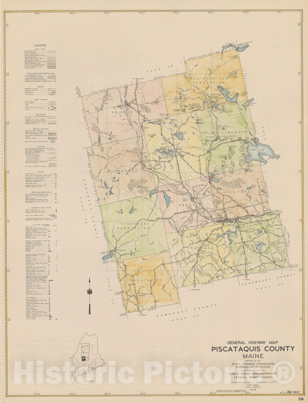 Historic Map : Maine General Highway County Maps, Piscataquis 1938 Plate 038 , Vintage Wall Art