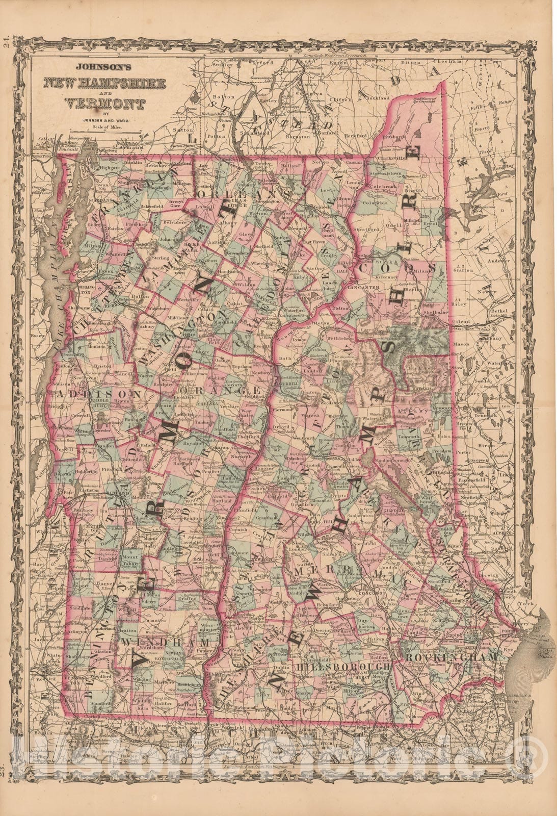 Historic Map : Vermont, New Hampshire & Vermont 1860 , Vintage Wall Art