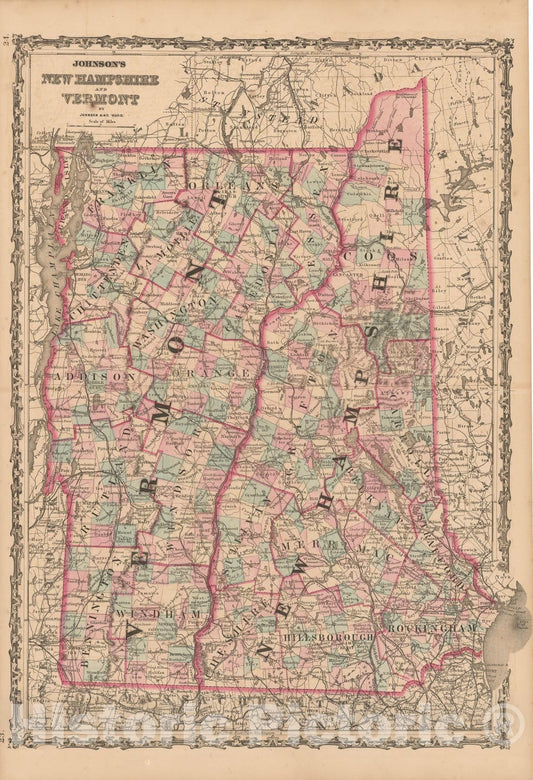 Historic Map : Vermont, New Hampshire & Vermont 1860 , Vintage Wall Art