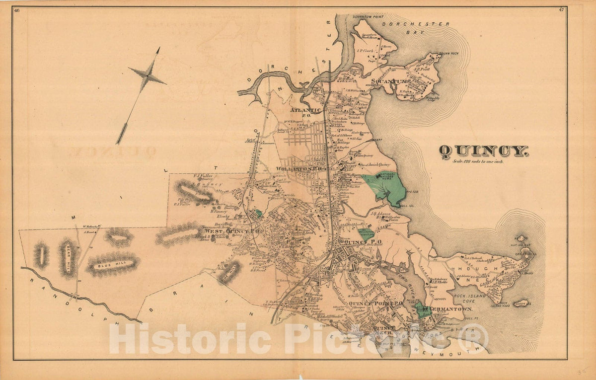 Historic Map : Atlas of Norfolk County, Quincy 1876 , v4, Vintage Wall Art