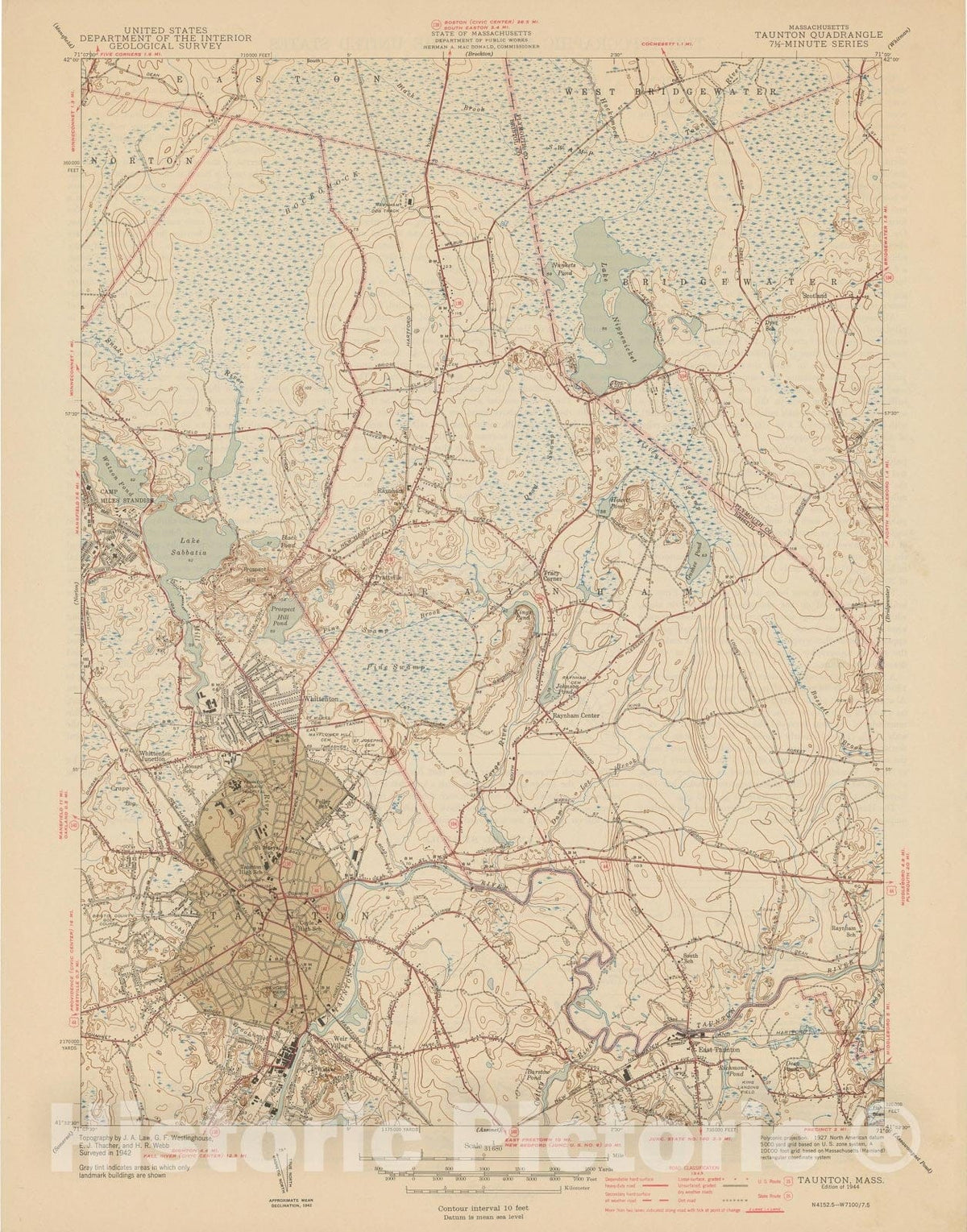 Historic Map : USGS 7.5 Minute Sheets and Quadrangles, Raynham & Taunton 1944 Topographic Map , Vintage Wall Art