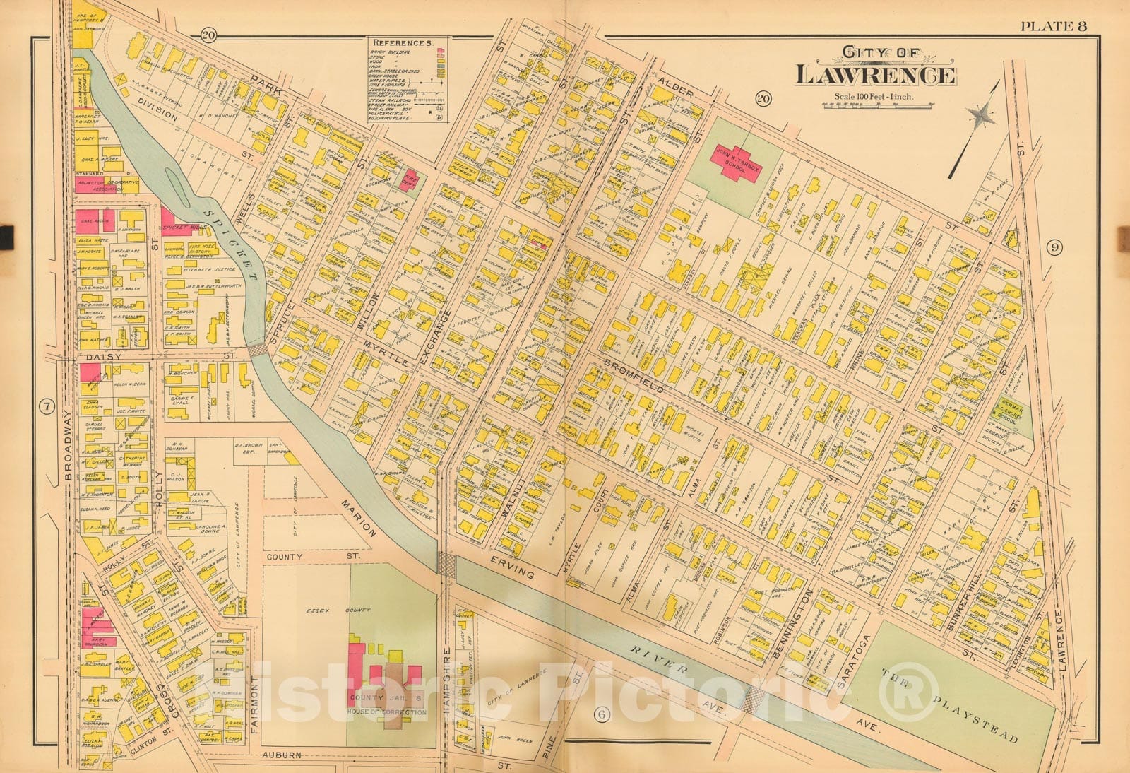 Historic Map : Atlas City of Lawrence and the Towns of Methuen, Andover and North Andover 1906 Plate 008 , Vintage Wall Art