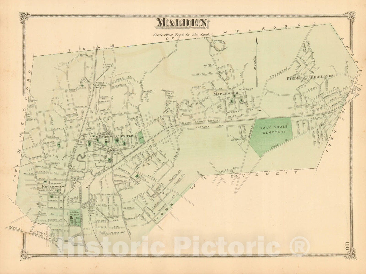 Historic Map : County Atlas of Middlesex Massachusetts, Malden 1875 , v2, Vintage Wall Art