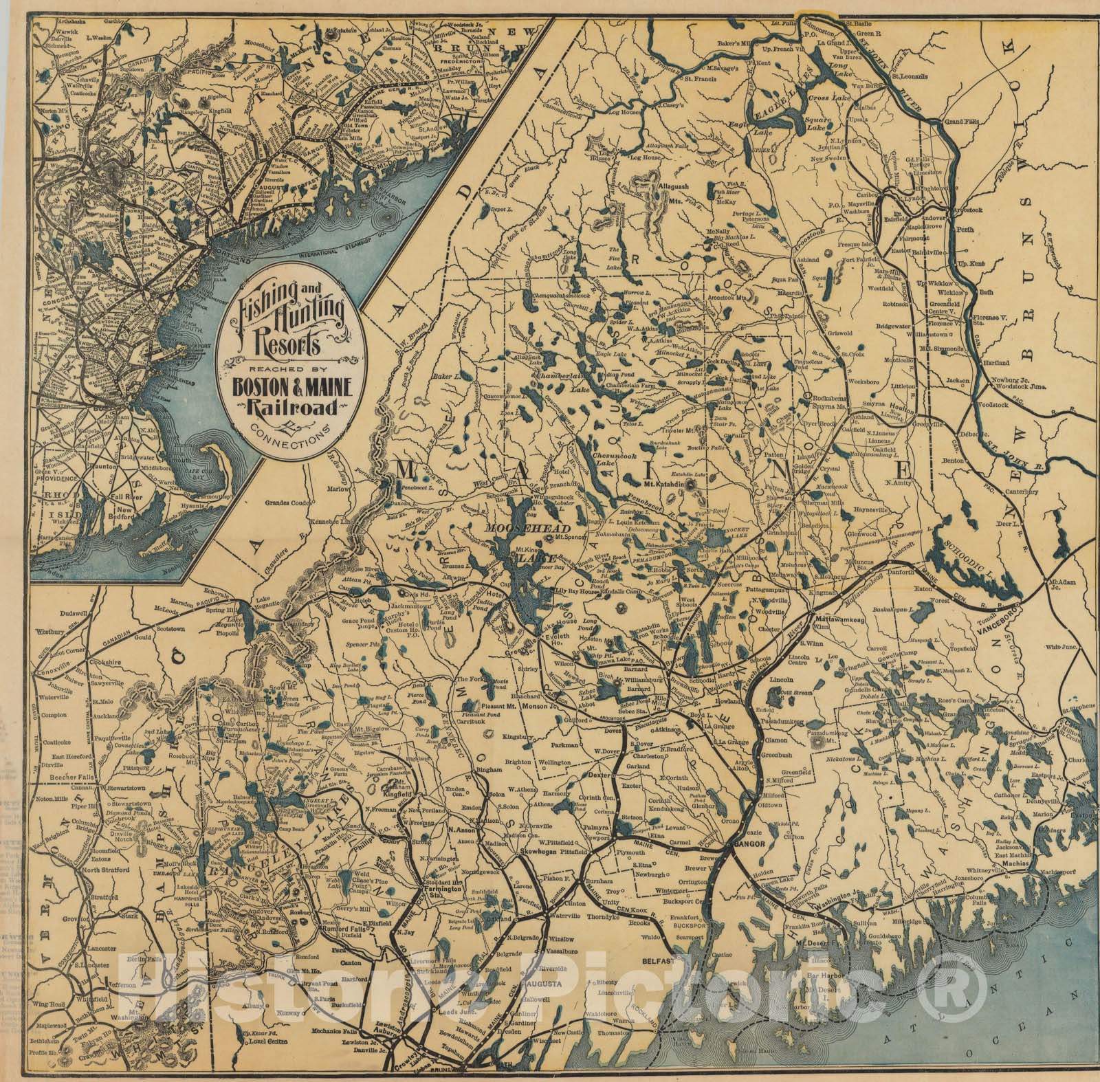 Historic Map : Boston & Maine Railroad Maps, Fishing Hunting Resorts Reached by BM RR 1903 , Vintage Wall Art
